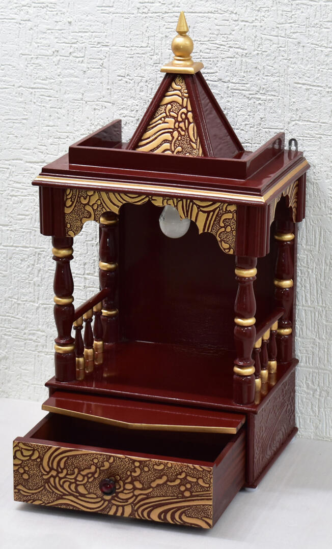 Brown-Golden Pooja Temple/Mandir with Tray and One Drawer - Side Open - Image 4